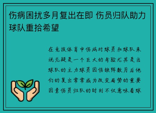 伤病困扰多月复出在即 伤员归队助力球队重拾希望