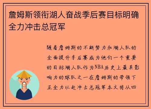 詹姆斯领衔湖人奋战季后赛目标明确全力冲击总冠军